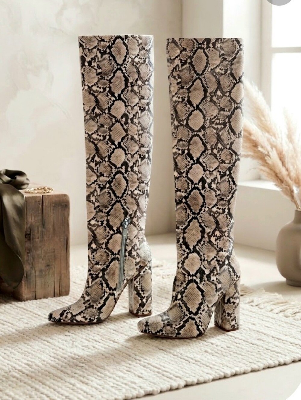 Zara Trafaluc Snake Print Knee High Block Heel Boots Size EU 38